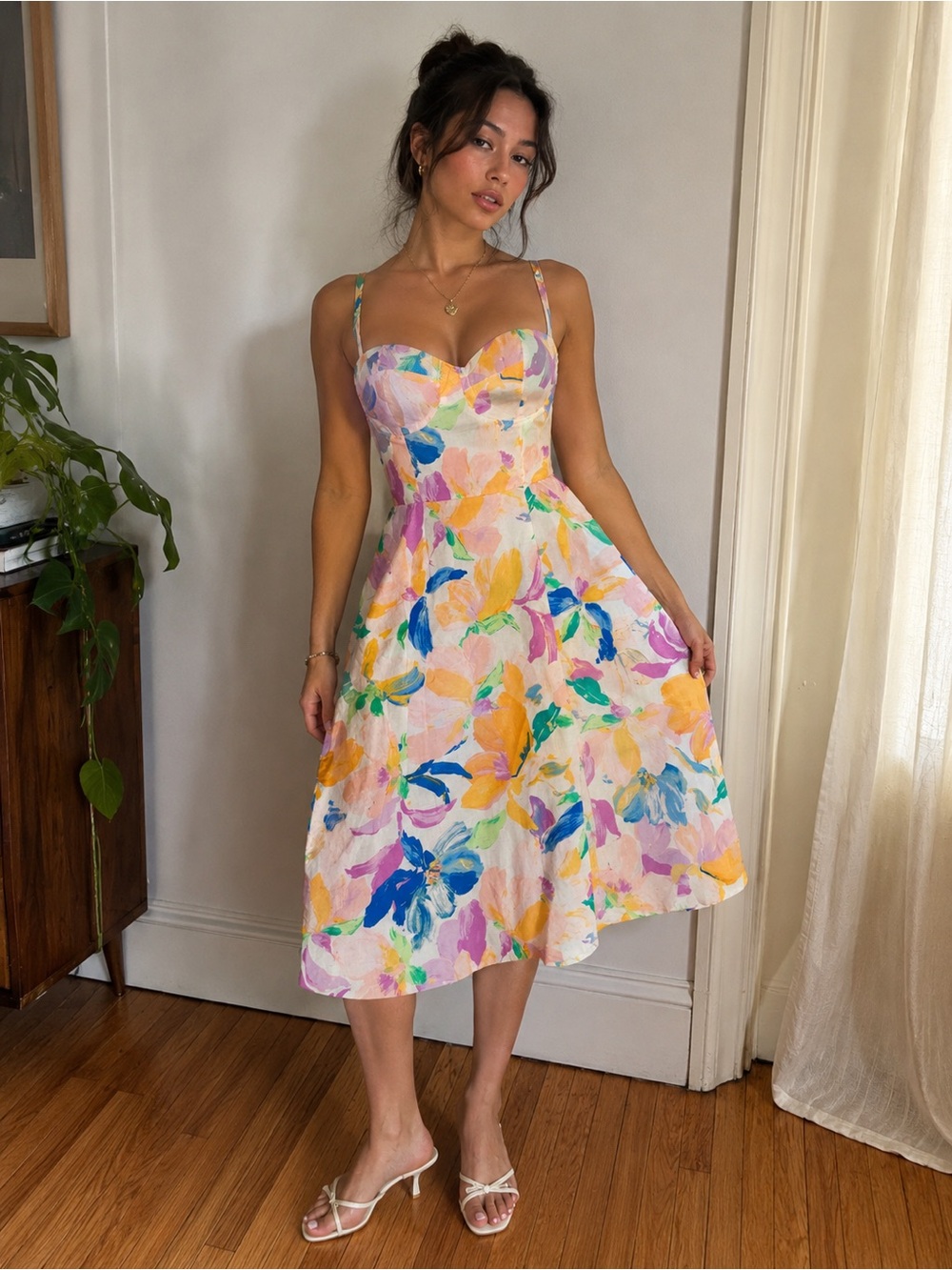 Lily Rose Pastel Floral Sweetheart Midi Dress Front Slit Linen blend Size XL